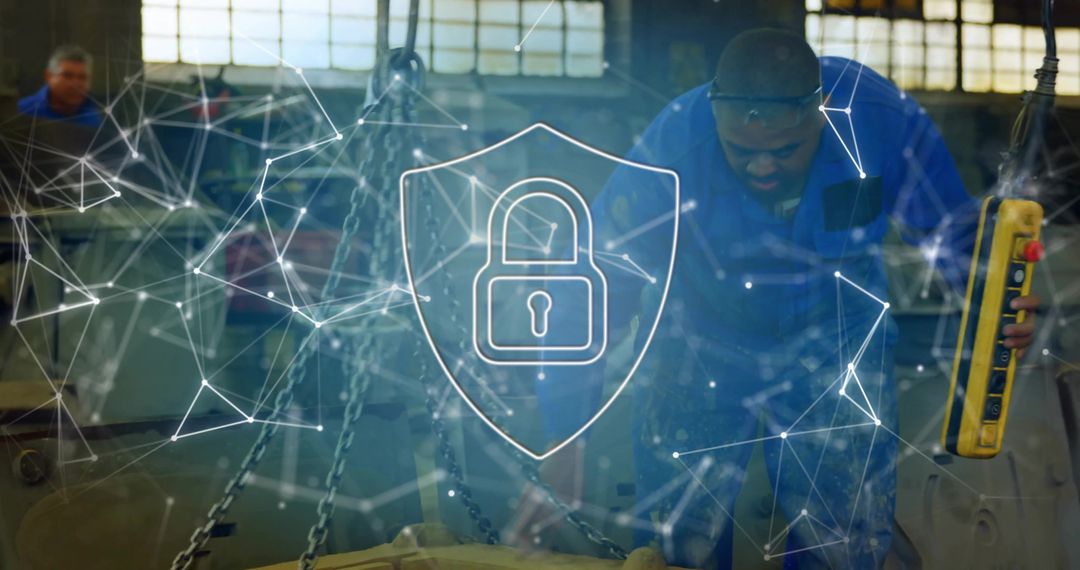 Industrial Worker Operating Hoist with Digital Network Overlay