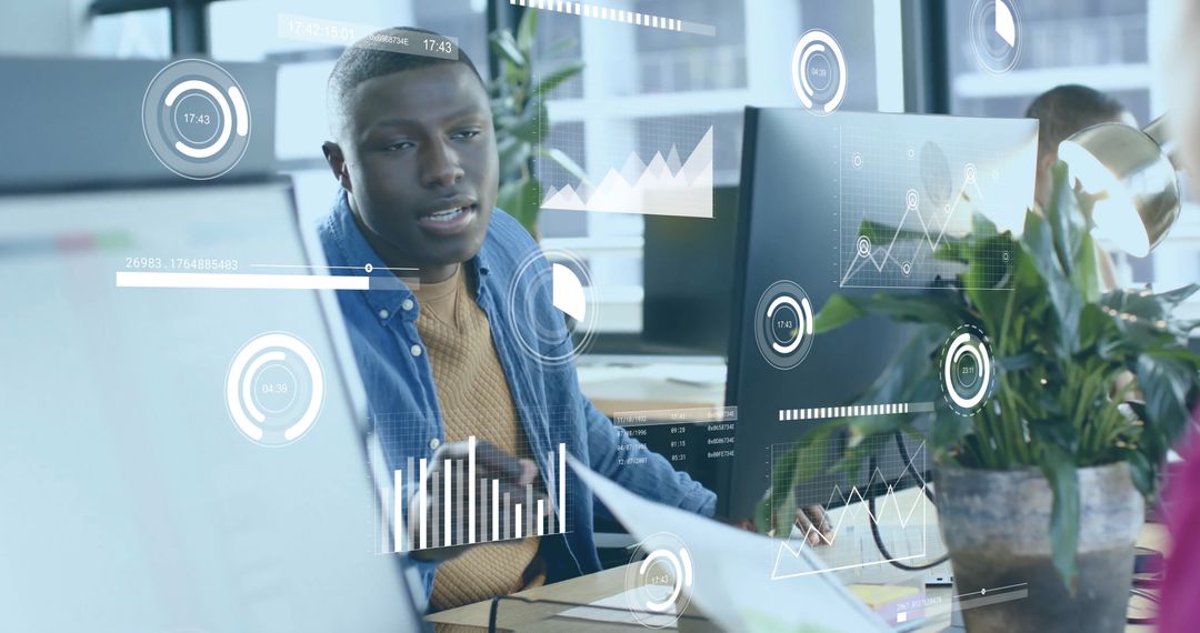 Businessman Consulting Financial Data with Digital Interface in Modern Office