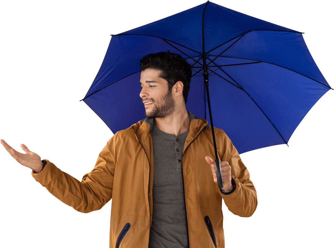 Young Man Gesturing Enthusiastically with Blue Umbrella Transparent Background