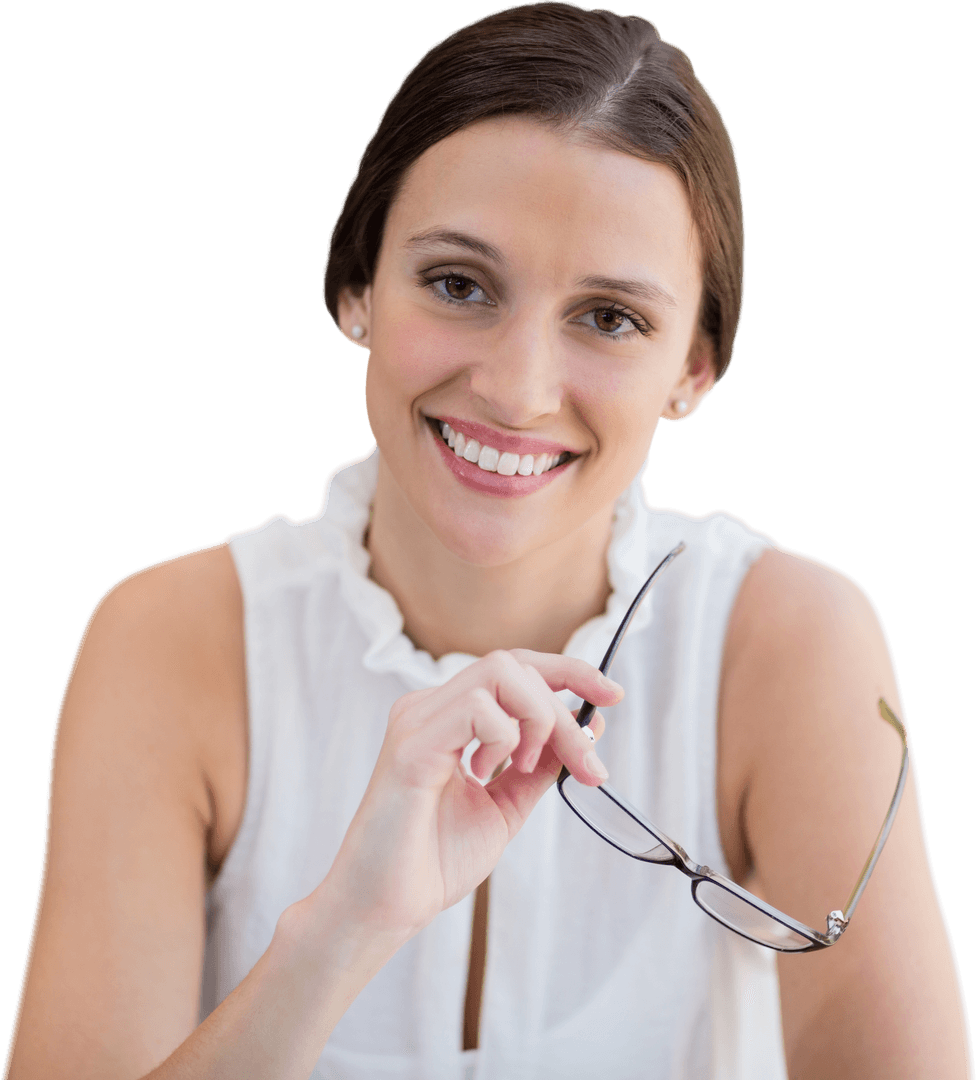 Transparent Smiling Businesswoman Holding Glasses White Background
