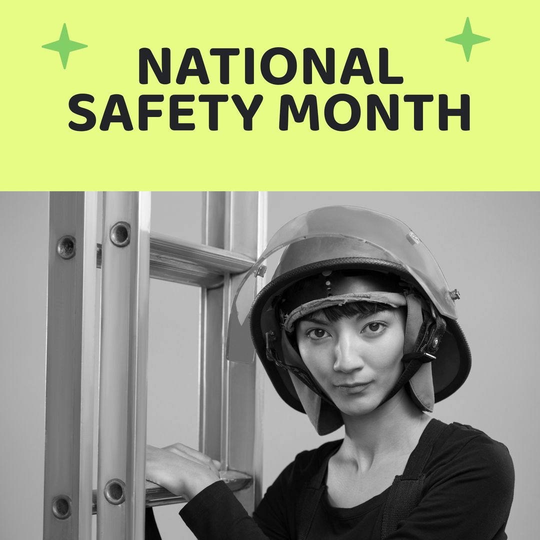 Female Firefighter Promoting National Safety Month with Helmet and Ladder - Download Free Stock Templates Pikwizard.com