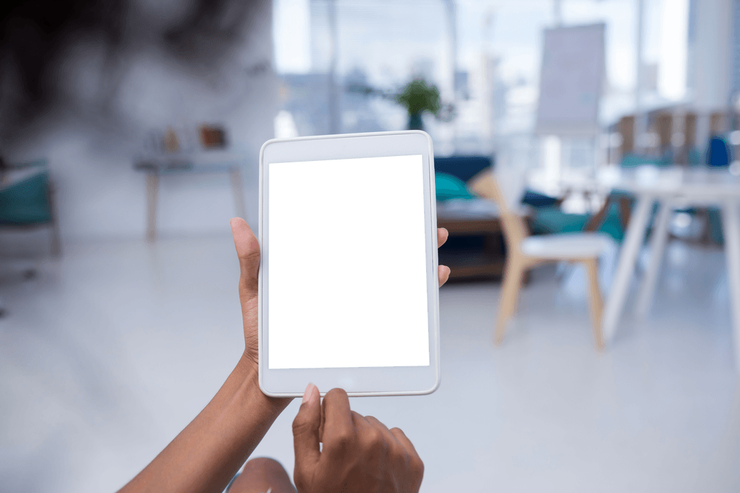 Transparent Tablet in Office Held by Black Female Hand