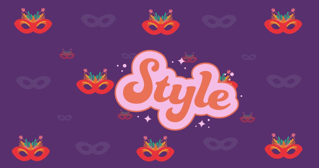 Vibrant Style Text with Masquerade Masks on Purple Background