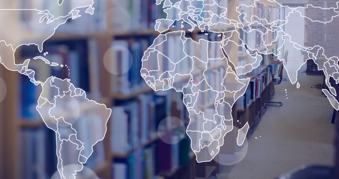 World Map and Library Shelves Explores Global Literacy