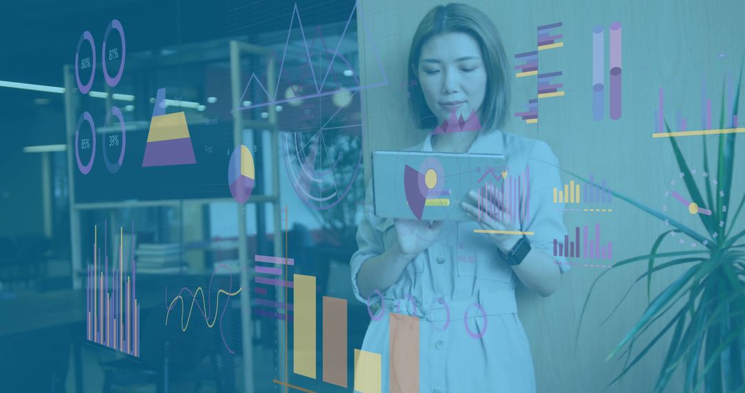 Businesswoman Analyzing Statistics on Tablet with Holographic Data