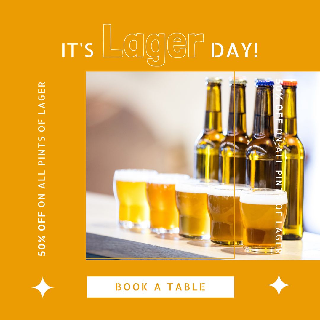 Lager Day Celebration Display with Bottles and Beer Mugs
