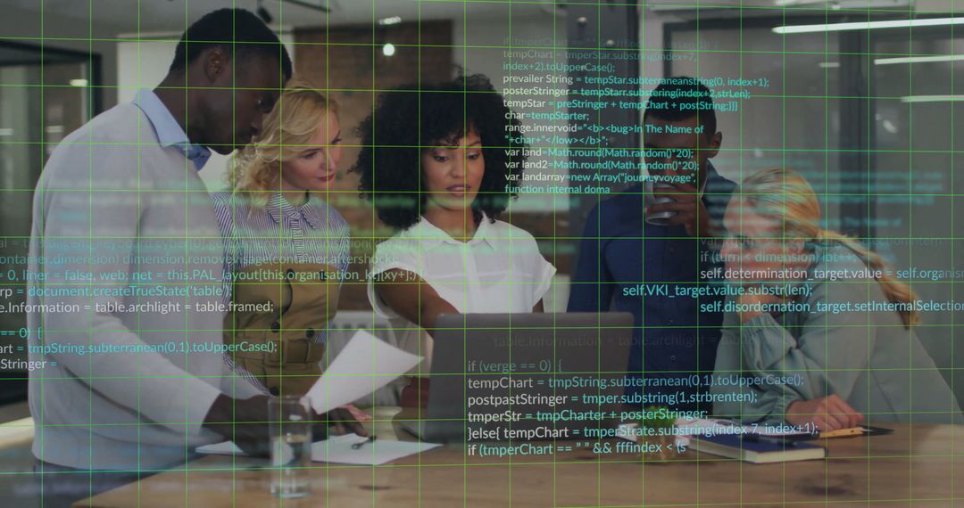 Team Analyzing Financial Data in Modern Office with Virtual Overlays
