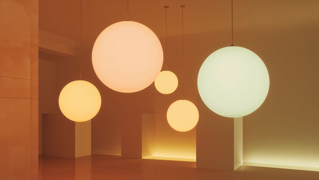 Hanging frosted spherical pendant lights casting warm amber and cool white ambient glow