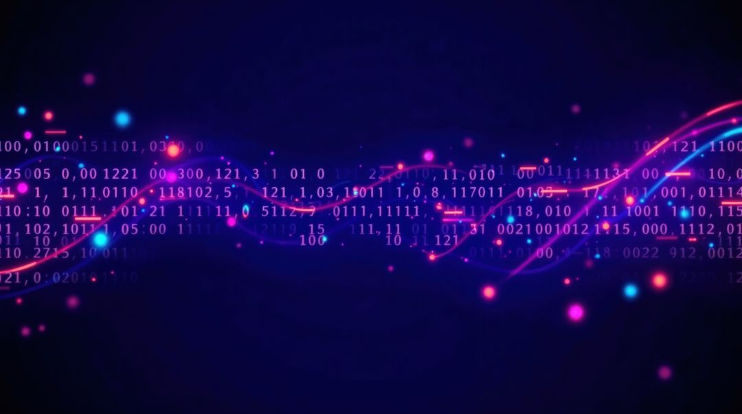 Neon data stream with binary and glowing dots in digital space