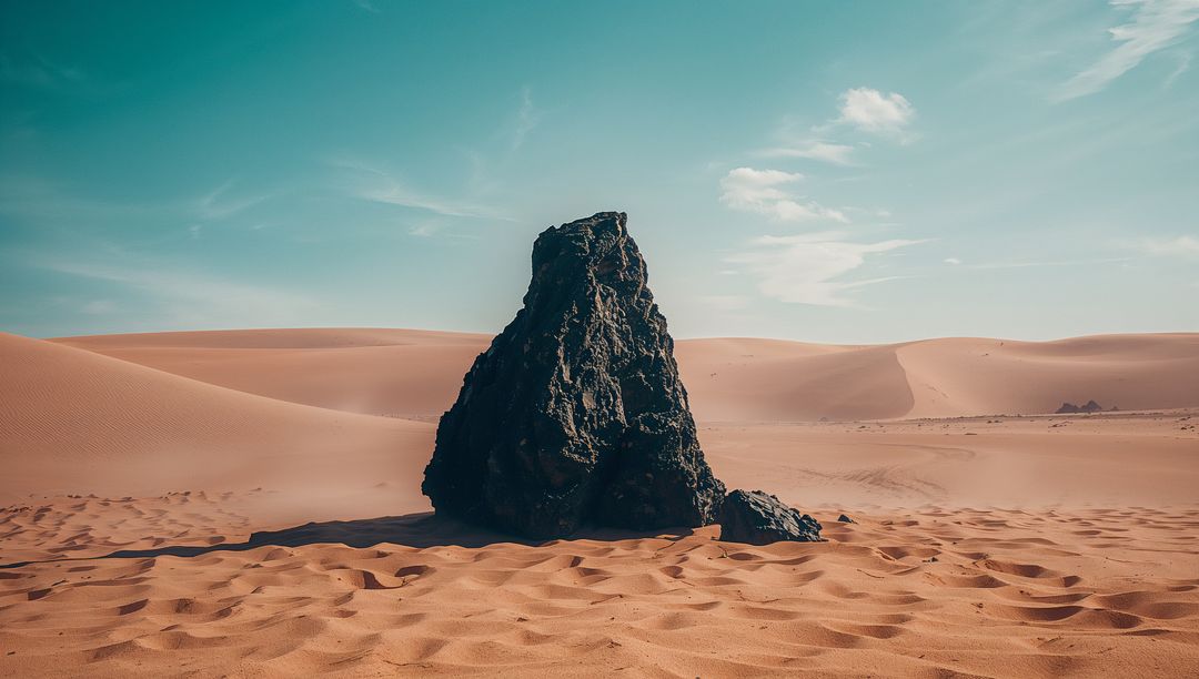 Solitary Rock Formation in Remote Desert with Dunes