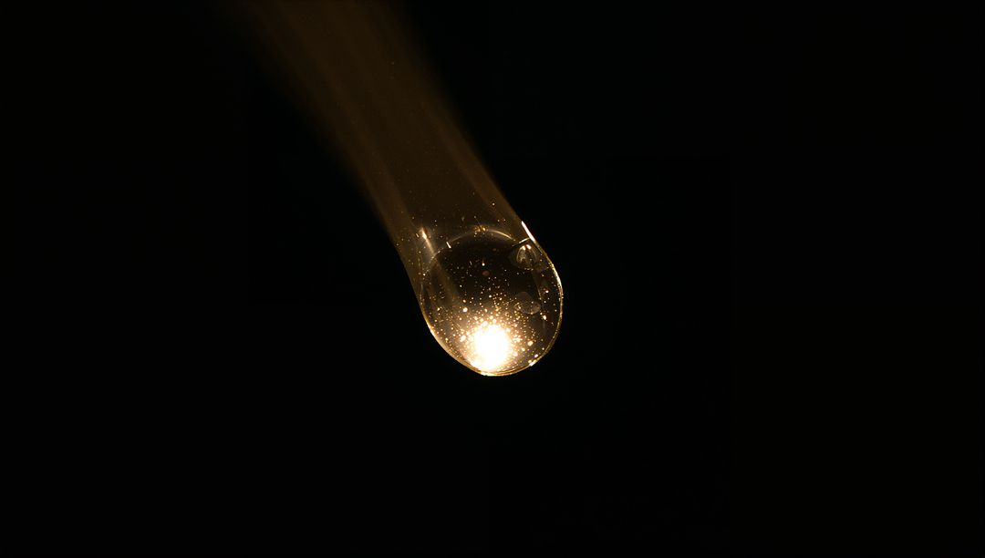 Golden Droplet Clinging to Glass Pipette, Macro Glow with Bubbles and Motion Trail