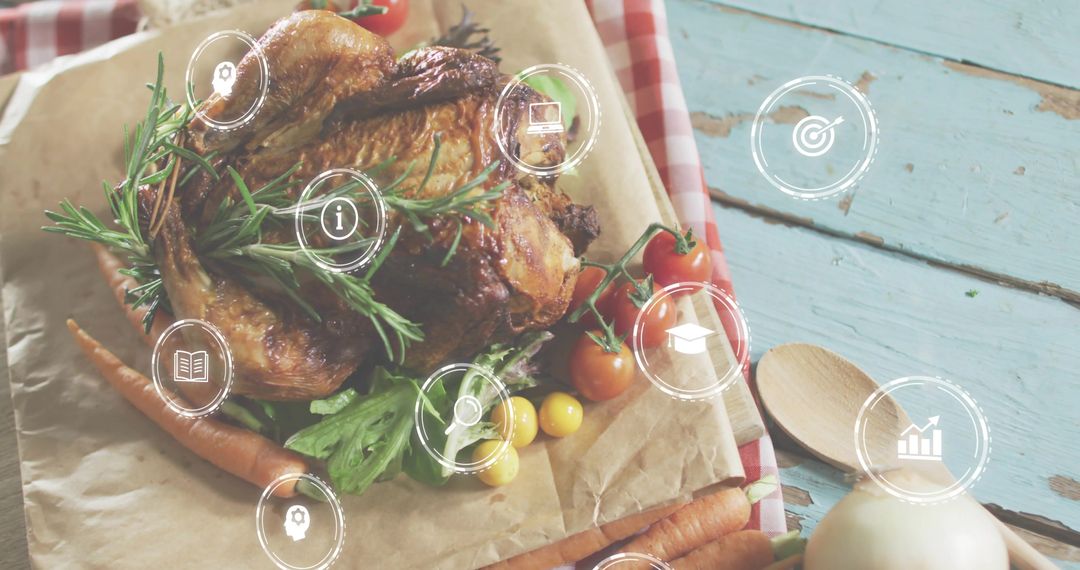 Roast chicken showcasing digital HUD overlays on rustic blue table with rosemary, tomatoes