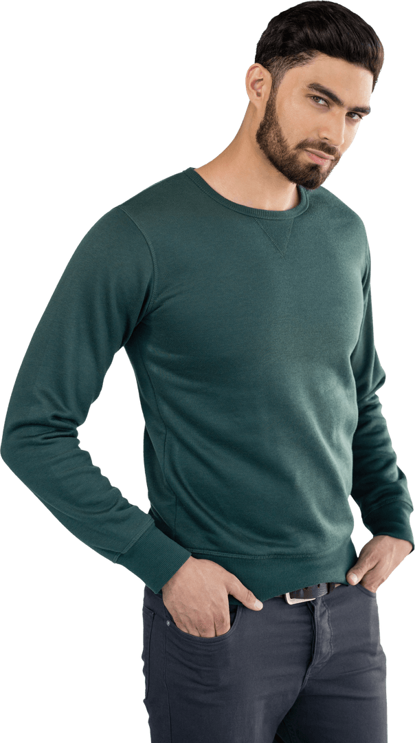 Transparent Portrait of Man Wearing Green Sweater Posing with Hands in Pocket