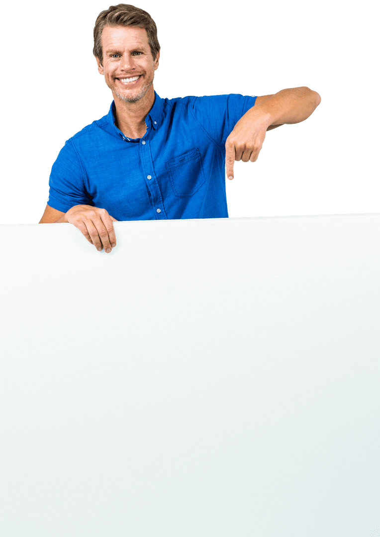 Smiling Man Holding Blank Transparent Placard for Custom Message