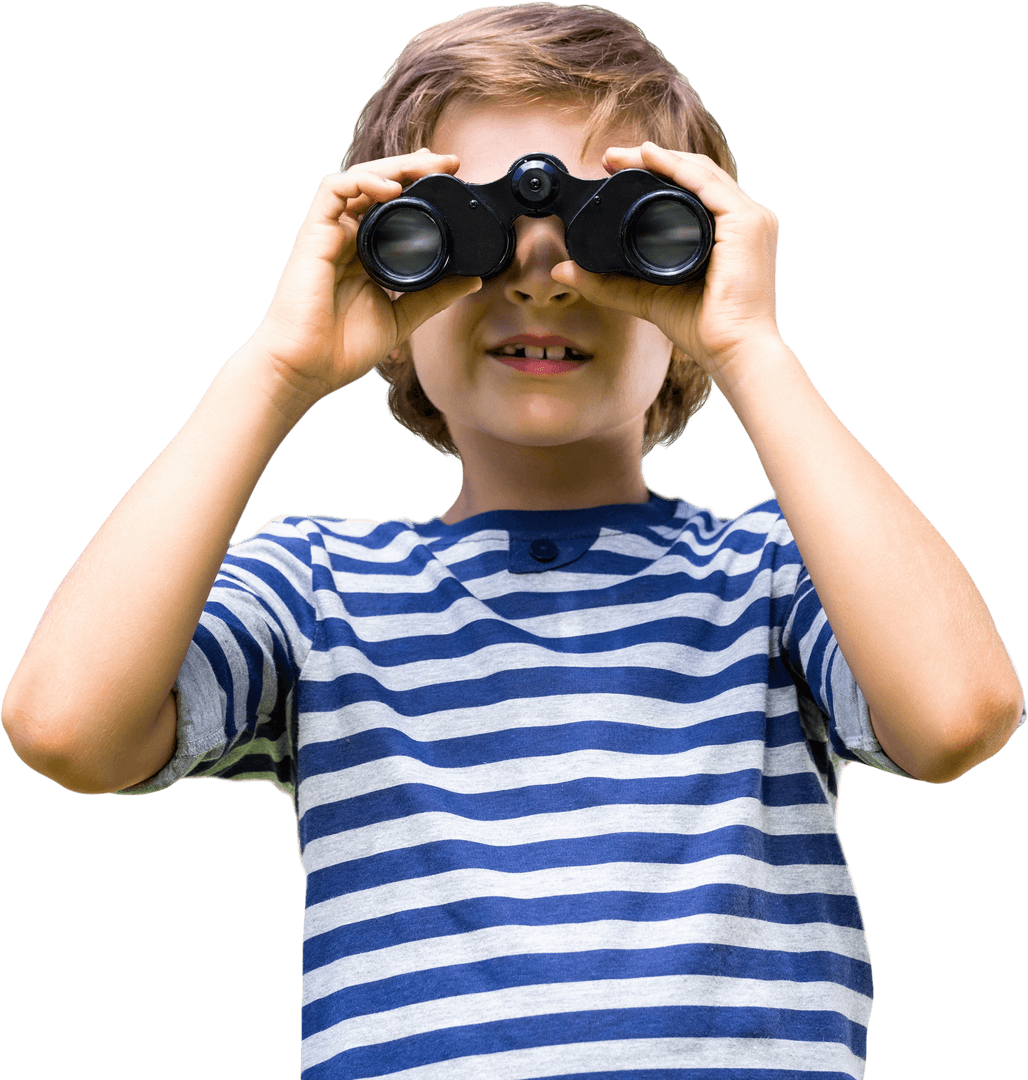 Curious Young Boy Gazing Through Transparent Background Binoculars