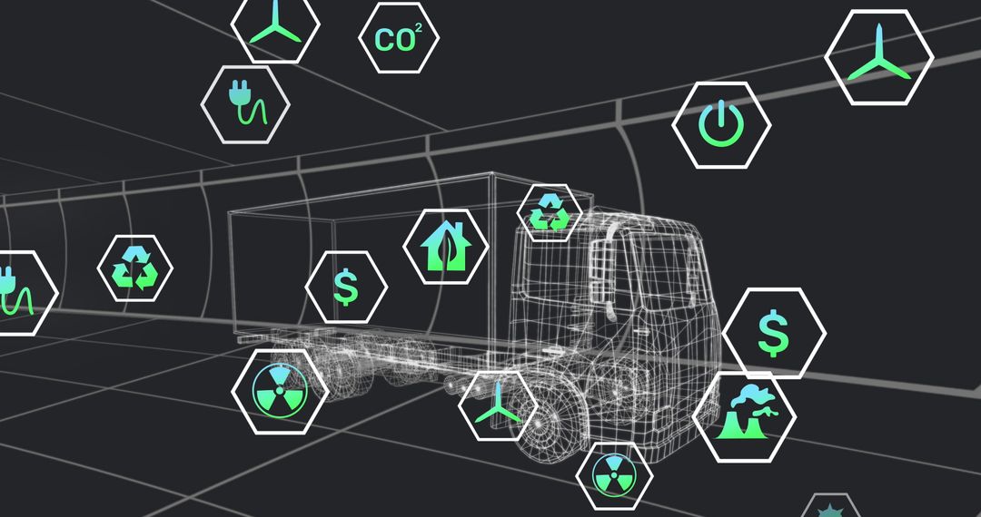 3D Truck Model with Futuristic Digital Energy, Sustainability Icons on Black Background - Free Images, Stock Photos and Pictures on Pikwizard.com