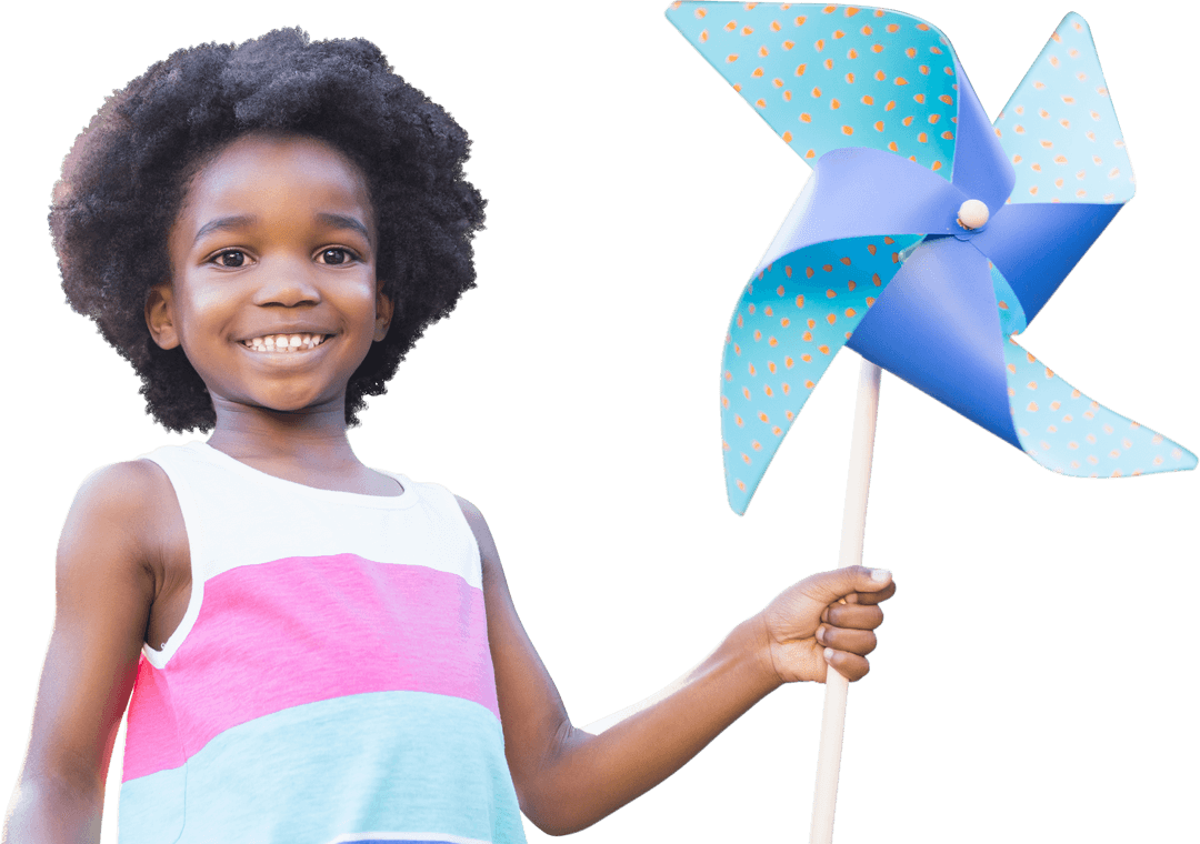 Joyful Child Holding Colorful Pinwheel Against Transparent Background