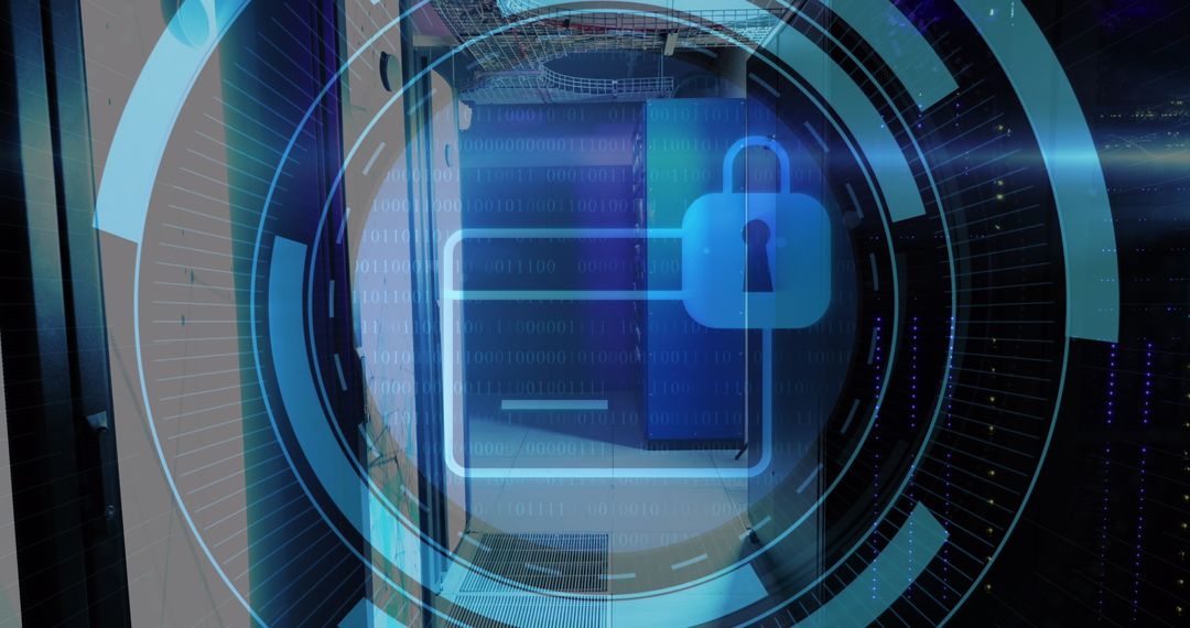Secure Data Icon Hovering Over Computer Server Room