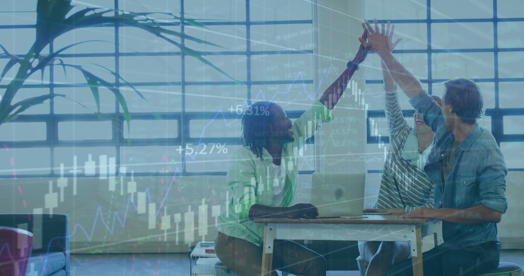 Diverse Team Achieving Business Success with Technology Overlay