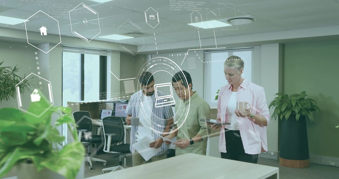 Business Team Analyzing Digital and Printed Reports in Modern Office