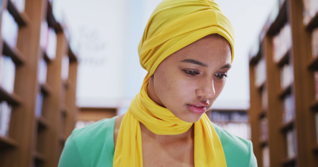 Focused African Woman Wearing Yellow Hijab in Library - Free Images, Stock Photos and Pictures on Pikwizard.com