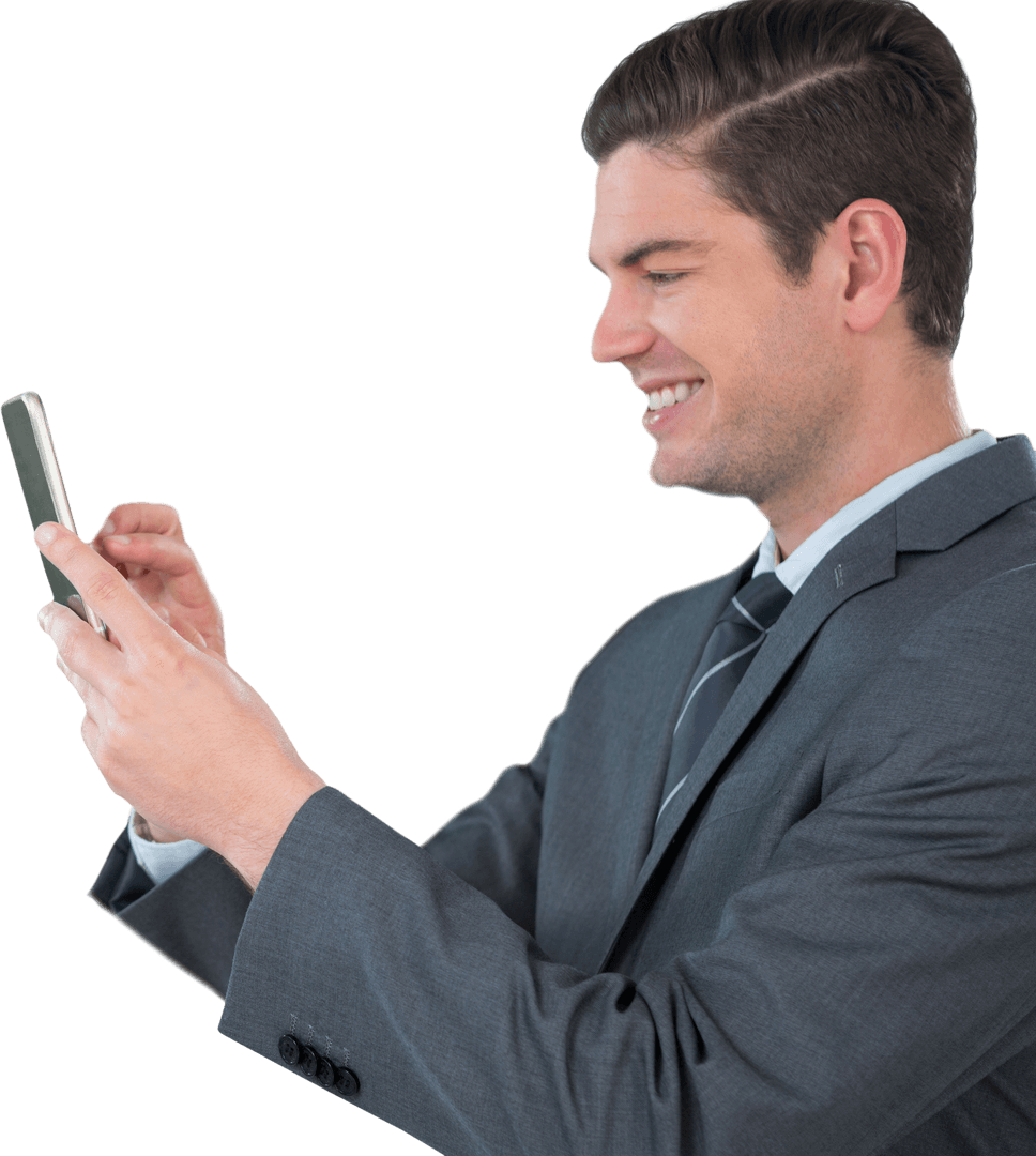 Confident Businessman Smiling with Mobile Phone Transparent