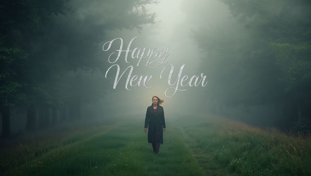 Woman Walking Through Misty Forest Path Under Sunbeam Halo with Happy New Year Script Overlay