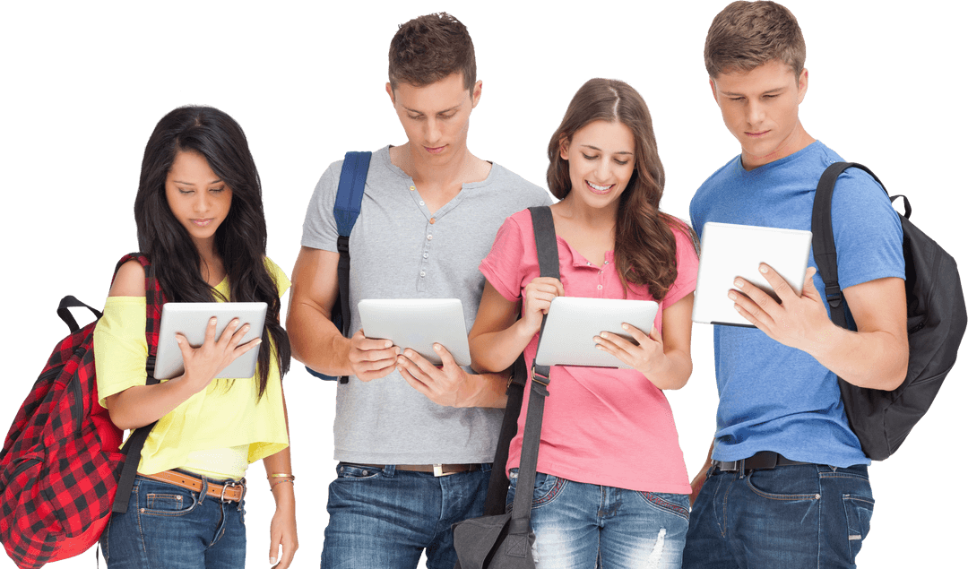 Diverse Students Engaged with Tablets on Transparent Background