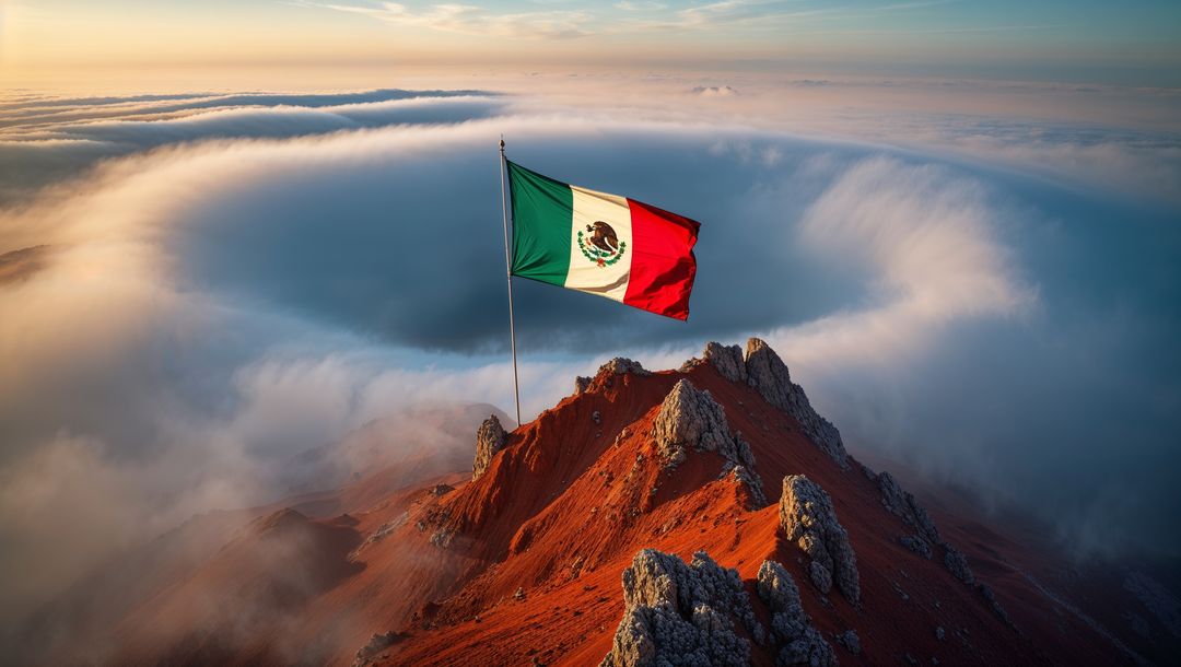 Majestic Mexican Flag Waving atop Rugged Mountain Peak with Vortex Clouds