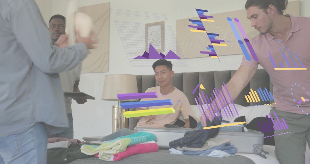 Packing luggage in hotel room using augmented reality travel planning charts and teamwork