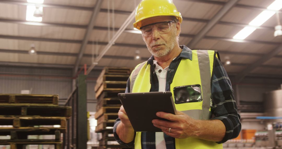 Senior Engineer Using Digital Tablet in Warehouse - Free Images, Stock Photos and Pictures on Pikwizard.com