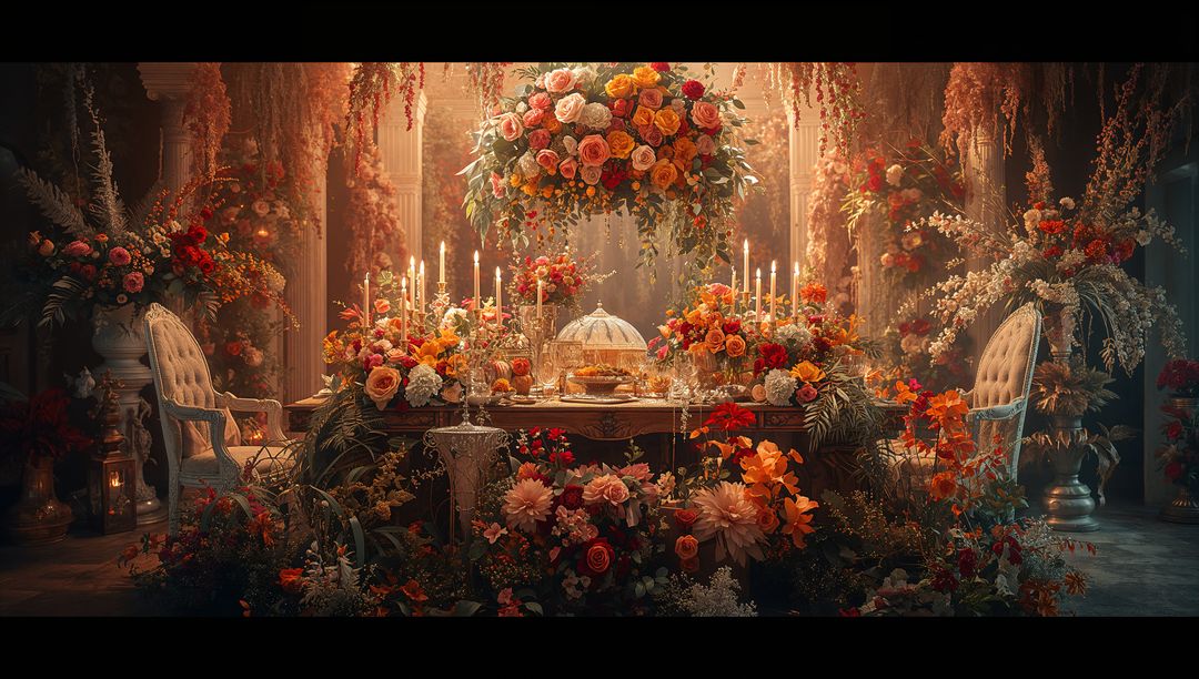 Luxurious Banquet Table with Vibrant Floral Arrangement and Candlelight