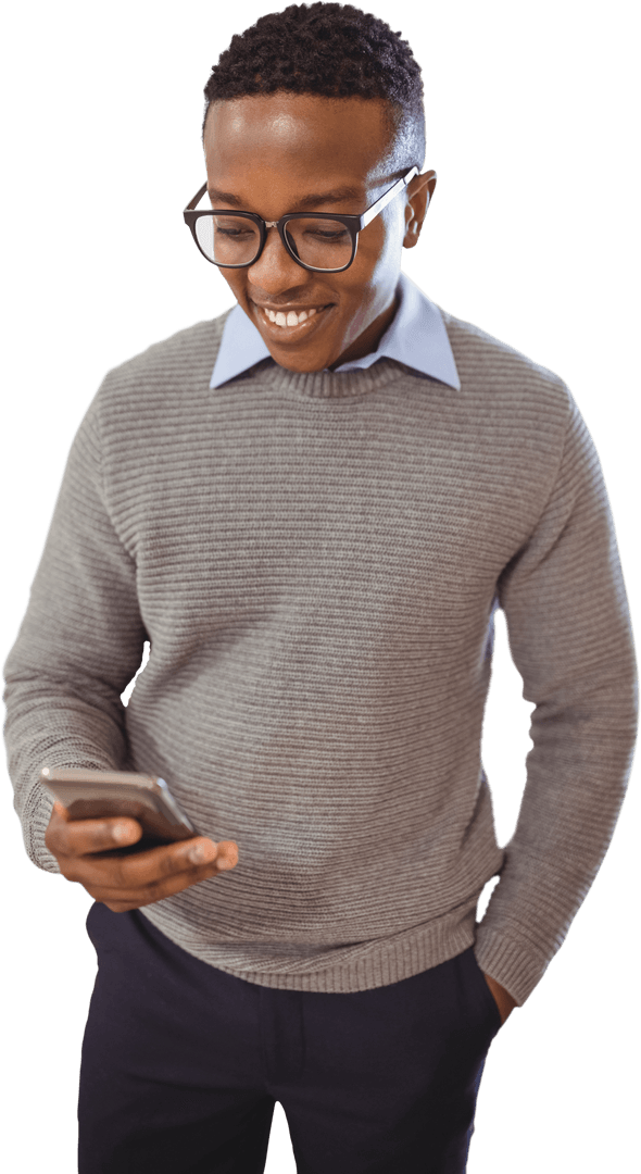 Young Man Using Smartphone on Transparent Background
