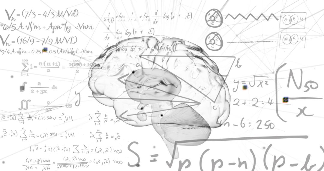 Digital Brain with Mathematical Equations on White Background