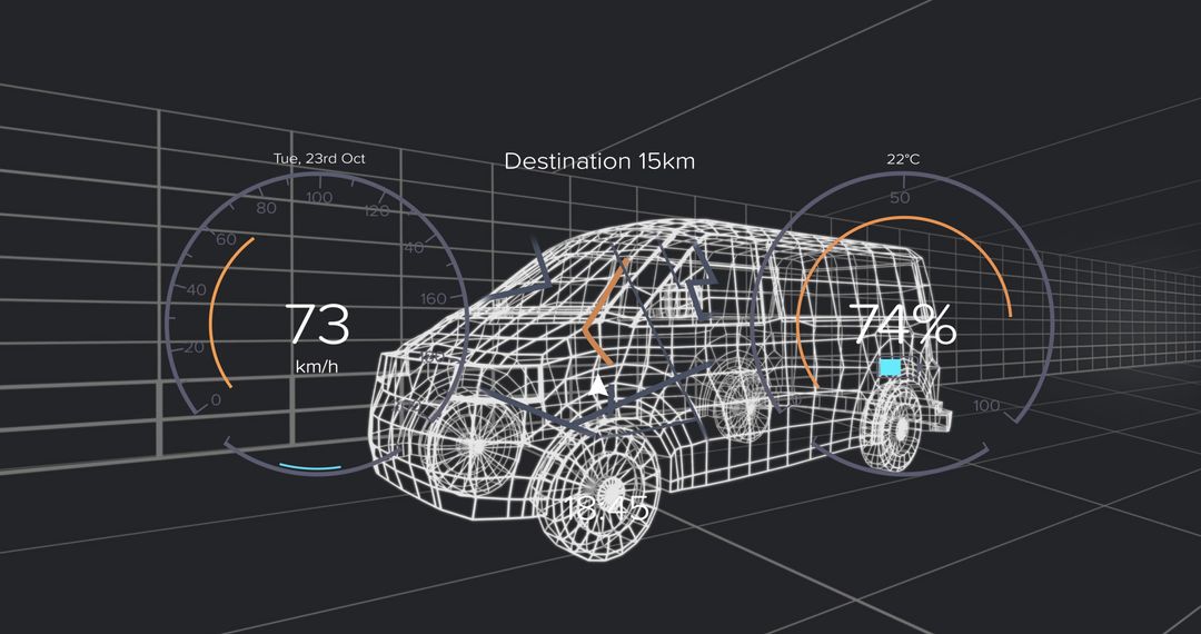 Wireframe SUV in 3D Virtual Space with Digital Dashboard UI