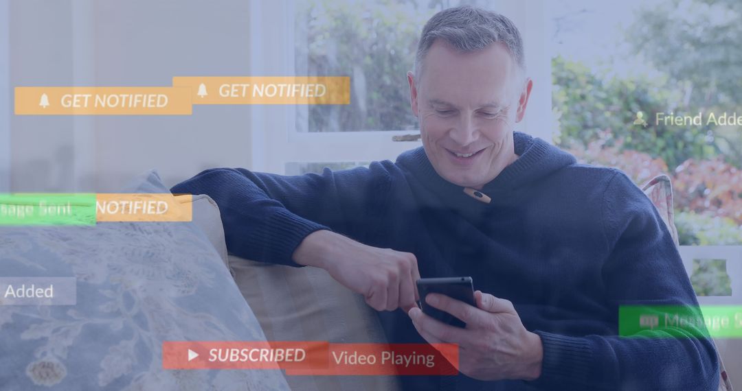 Content Notifications Floating Around Smiling Man Using Smartphone