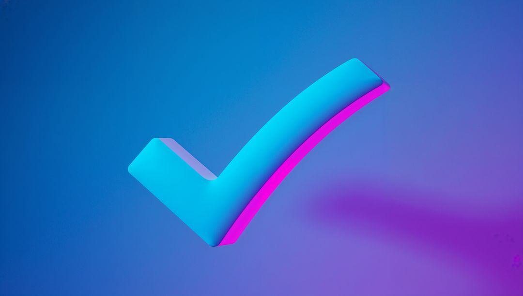Floating 3D Check Mark Icon in Pink and Blue Gradient Space