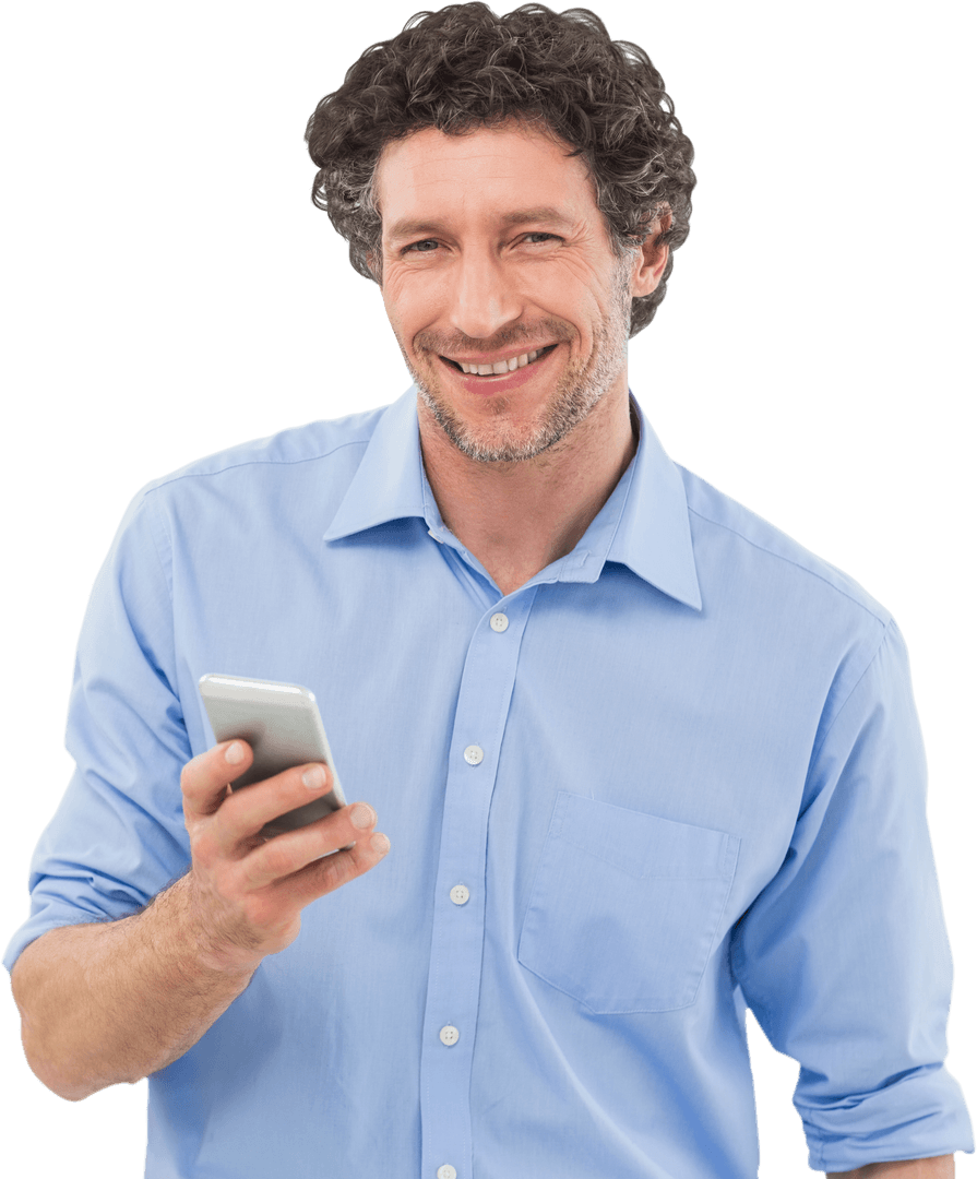 Transparent Portrait Businessman Smiling Holding Mobile Phone