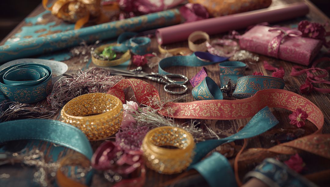 Colorful Ribbons and Tools on Craft Table Artistic Display