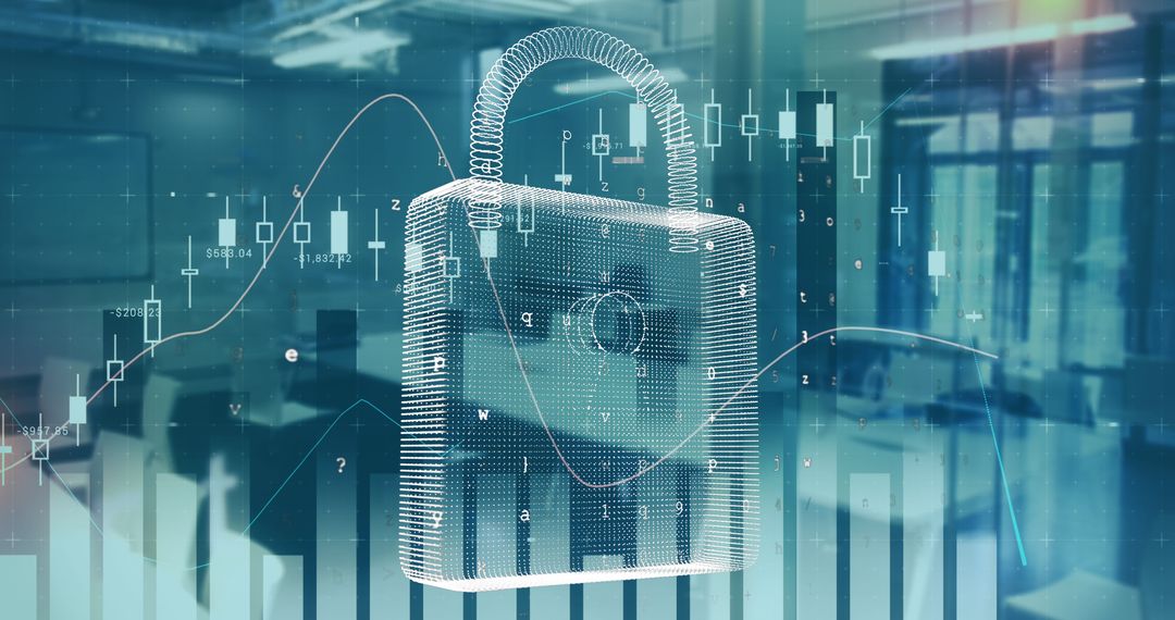Digital Security Lock Illustration Overlaid on Office Background