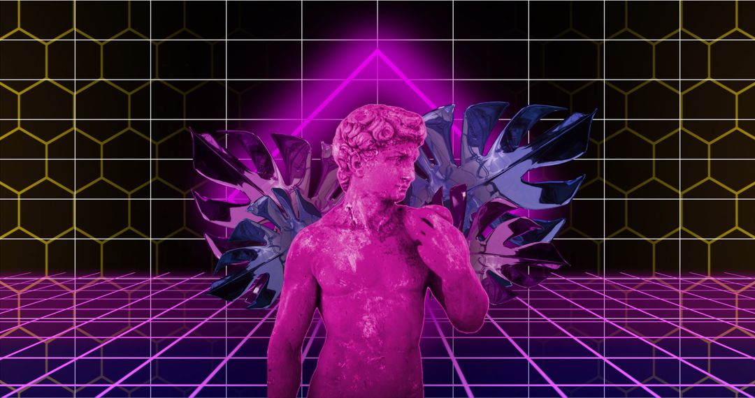 Glitching Pink Statue with Neon Geometric Shapes in Futuristic Vibes