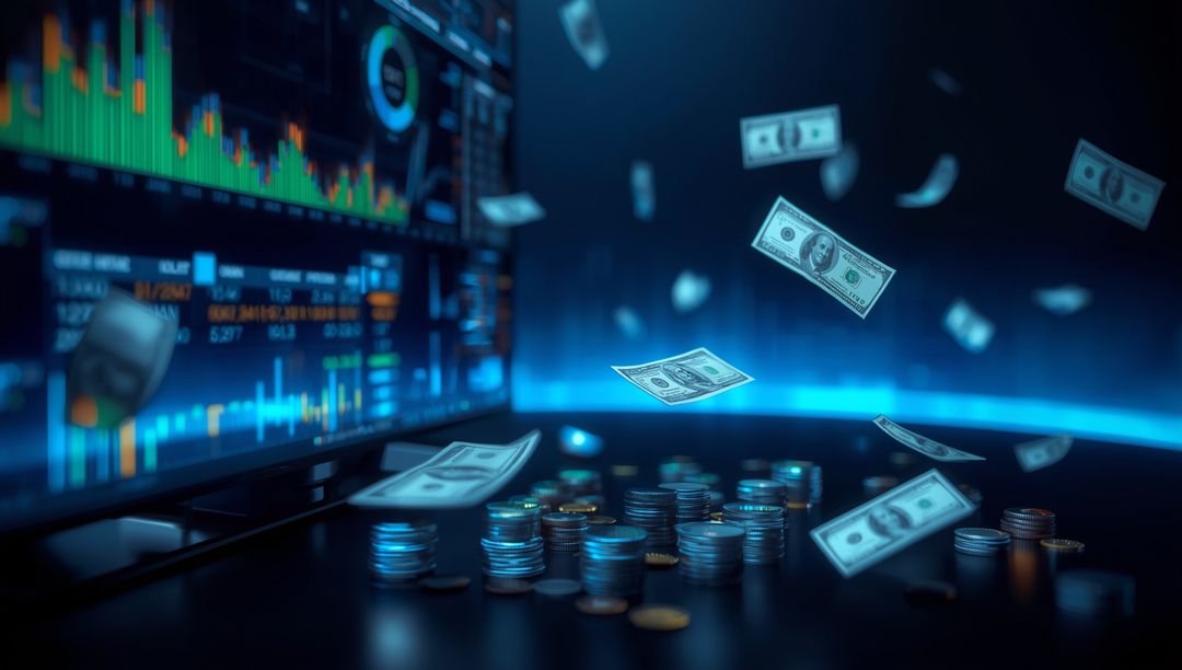 Economic Growth Concept shown by Floating Money with Stock Monitor Display