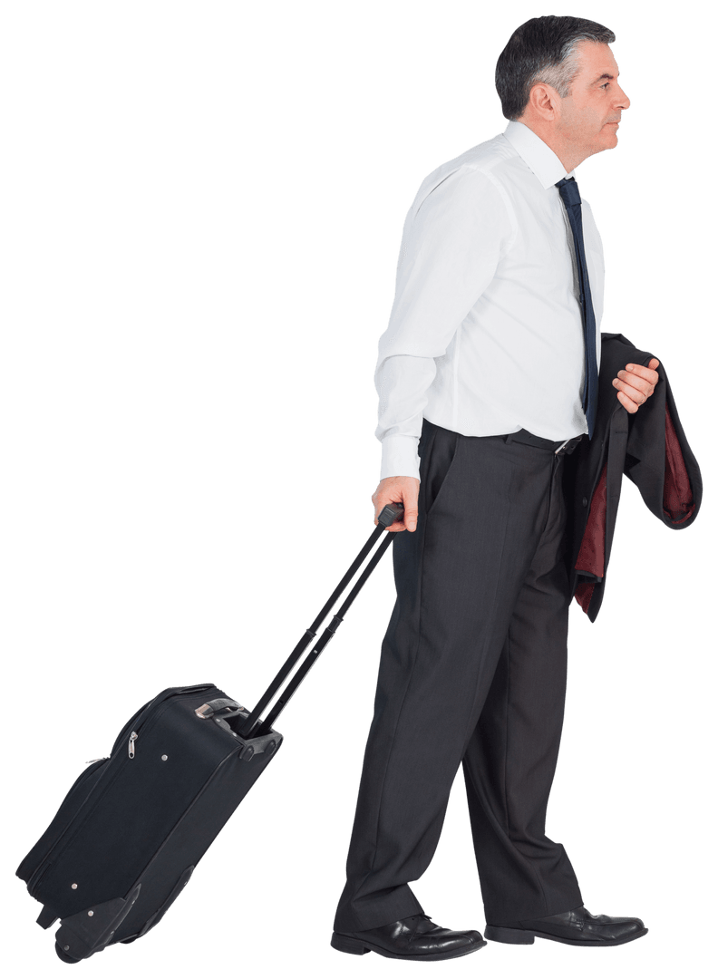 Transparent Mature Businessman Pulling Suitcase White Background