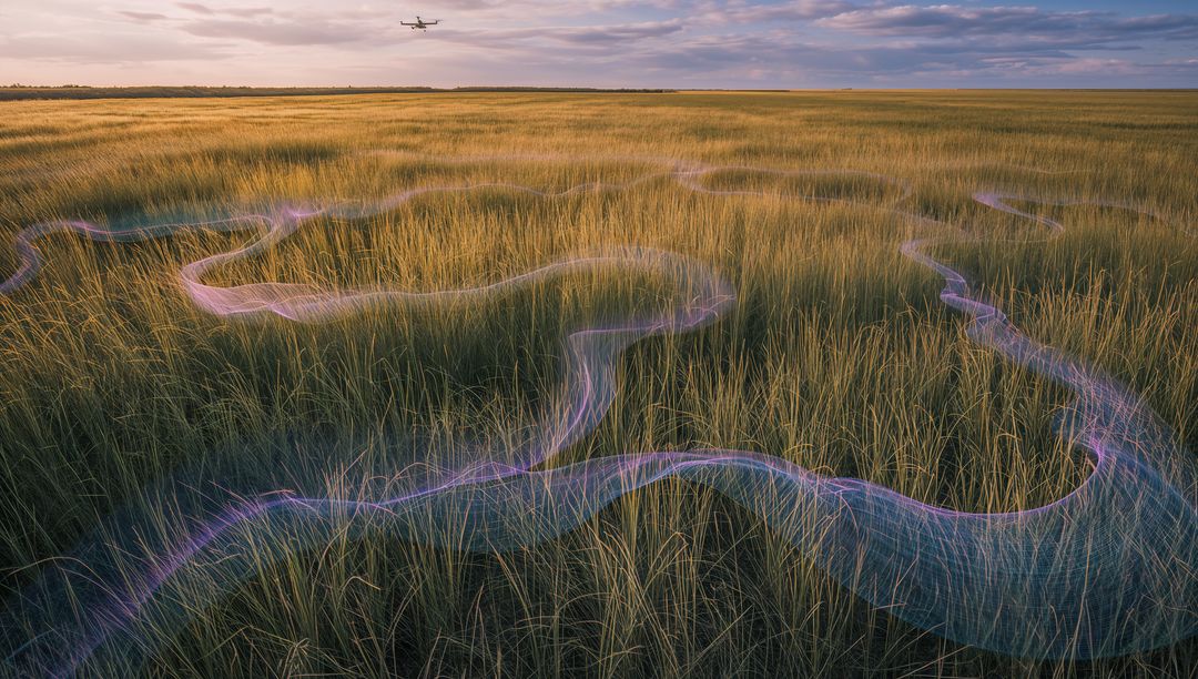 Saltmarsh Grasses Stretching and Glowing with Winding Violet Light Trails at Sunset