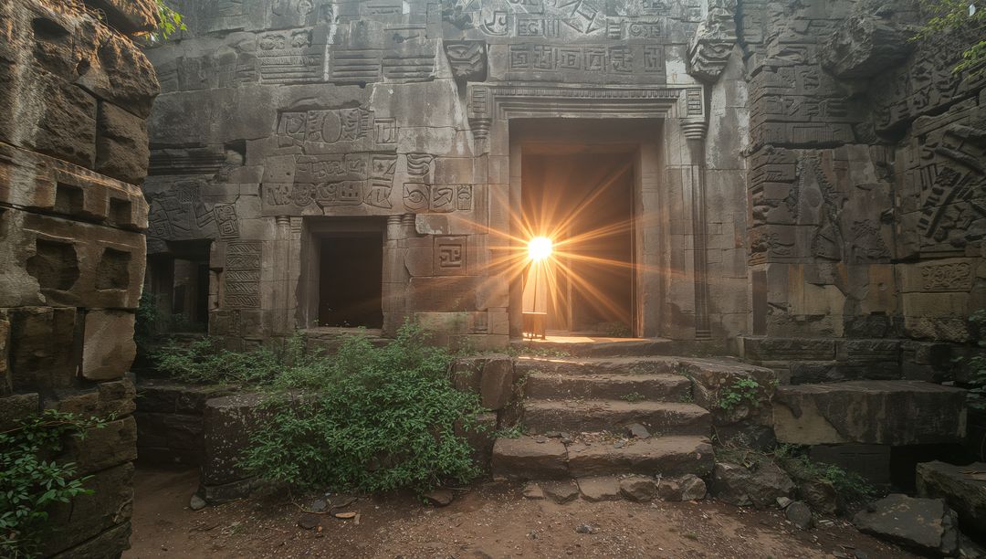 Ancient stone temple doorway casting sunburst light through overgrown jungle ruins carved glyphs