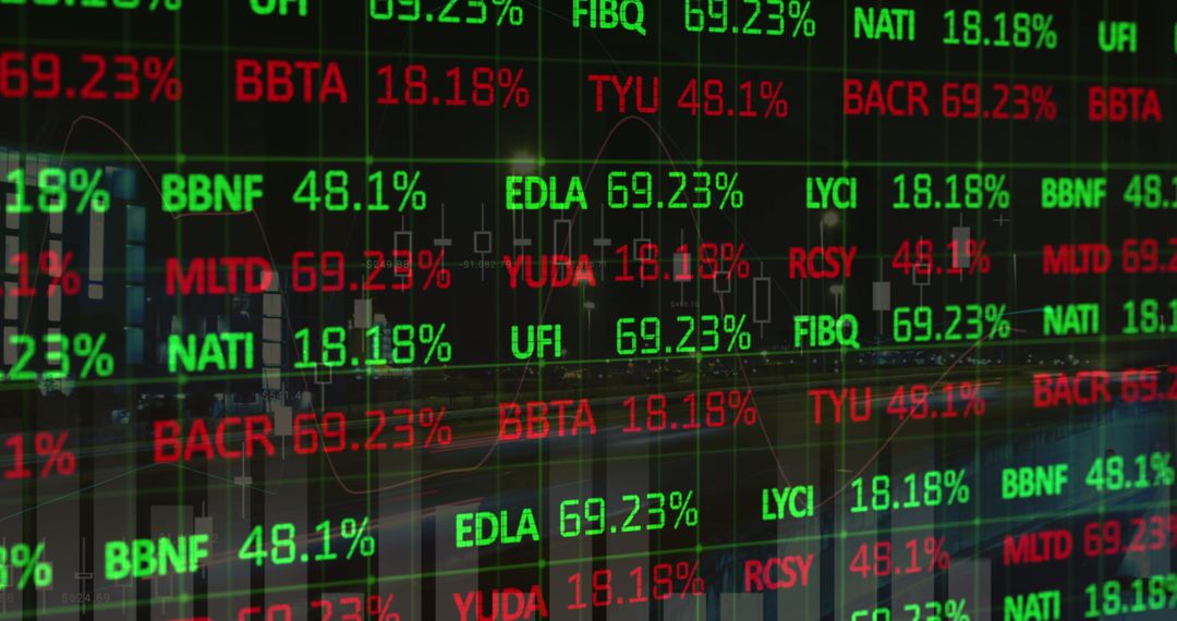 Dynamic Stock Market Tickers over Night Cityscape