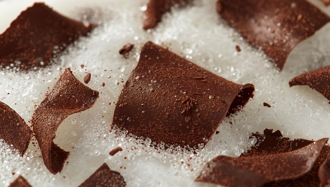 Macro dark chocolate curls on coarse sugar crystals with cocoa dust and water droplets