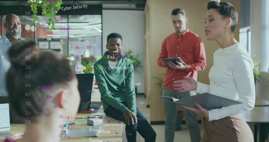 Diverse Team Collaboration Discussing Cyber Security in Modern Office