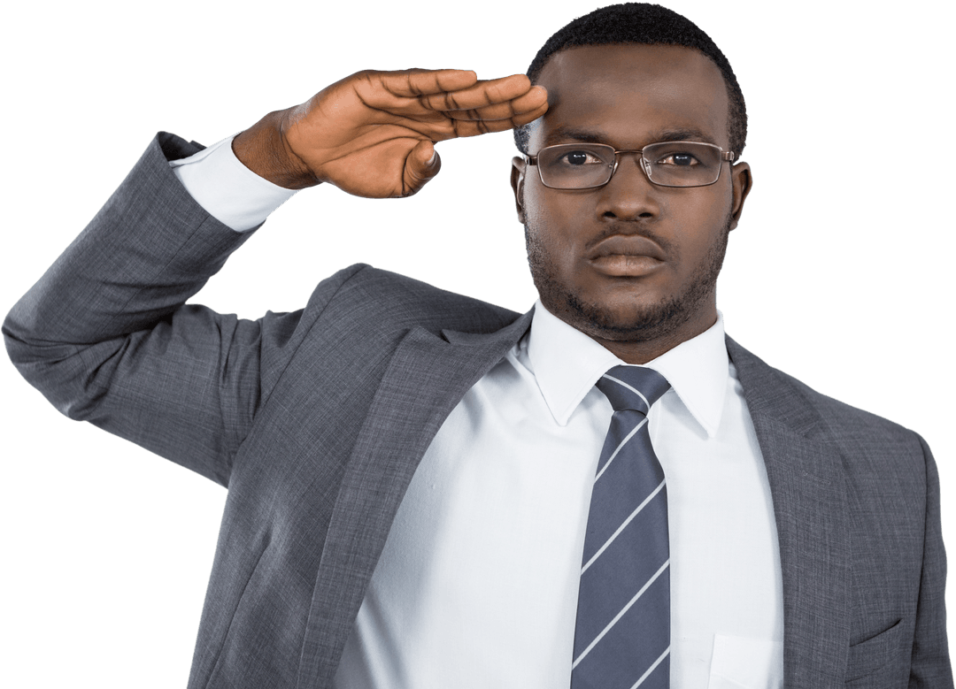 Confident Businessman Saluting in Transparent Background