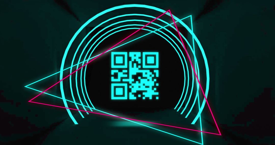Glowing QR Code with Neon Geometric Shapes on Dark Background